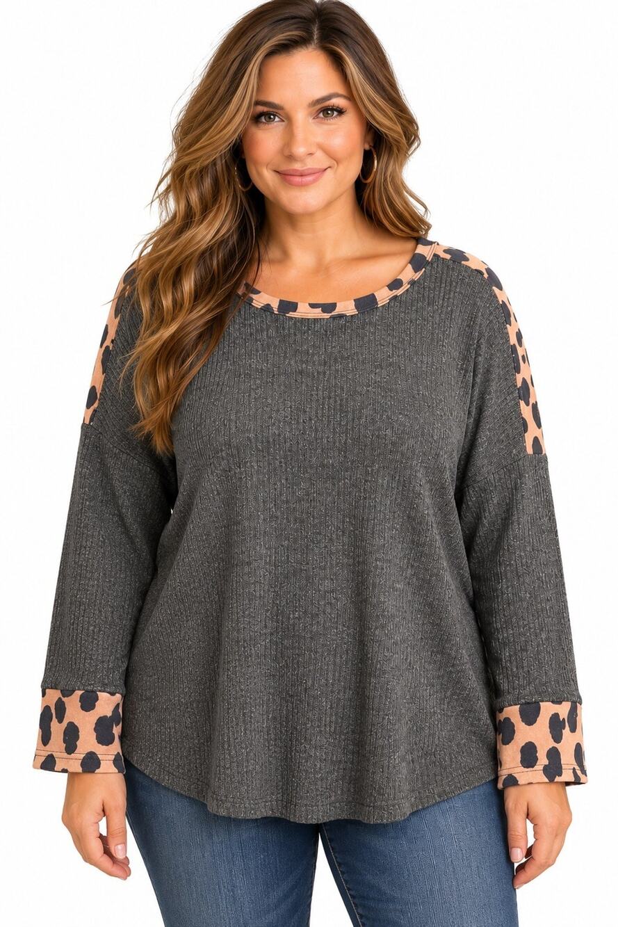 Women’s Gray Knit Pullover Sweater XL Leopard Print Cuffs Round Neck Long Sleeve